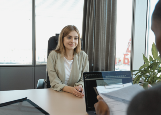 image of a woman in an interview for a healthcare role