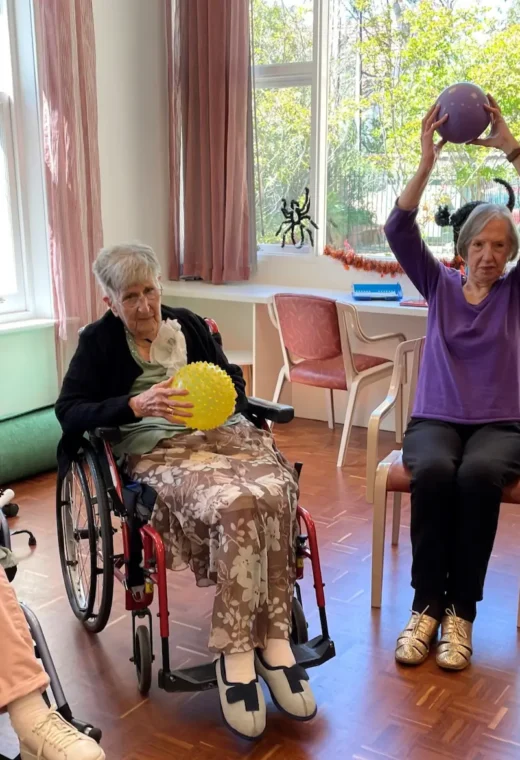 elderly people in wheelchairs playing with balls